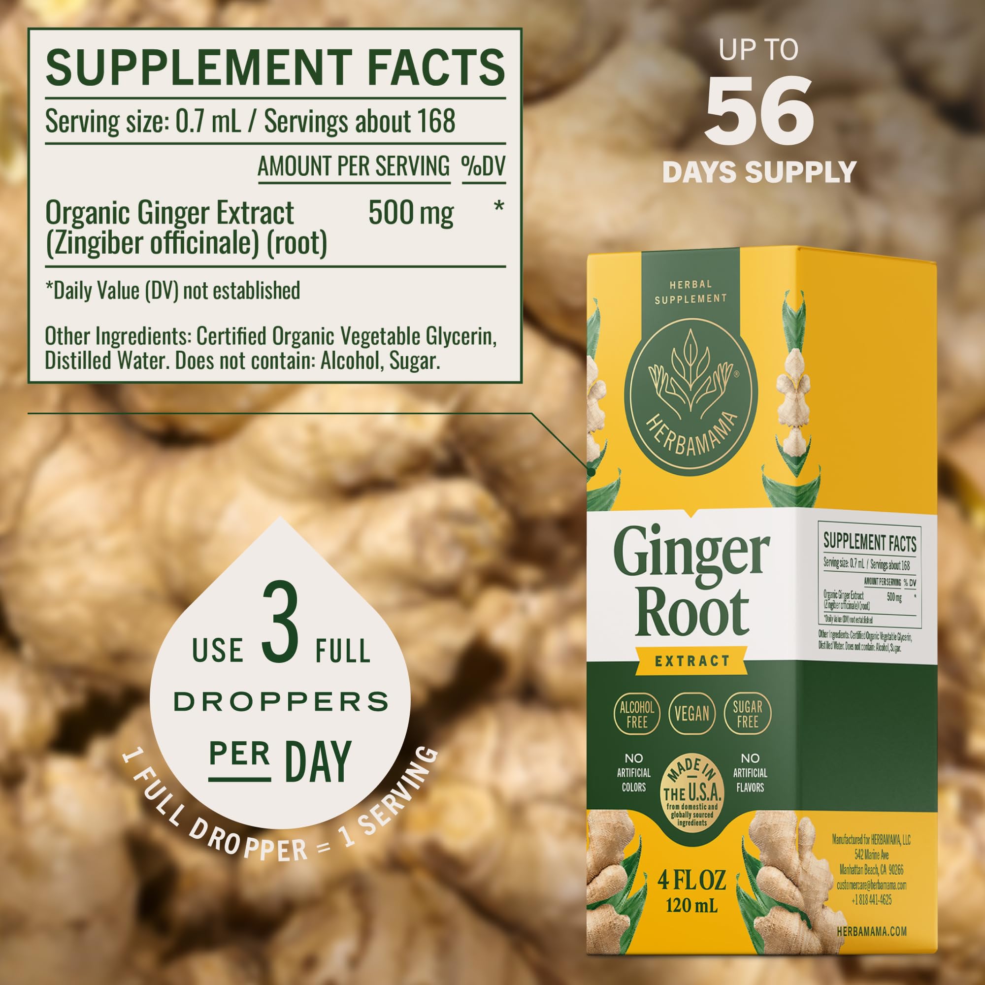 HERBAMAMA Ginger Drops featuring ginger root source for natural digestion support.