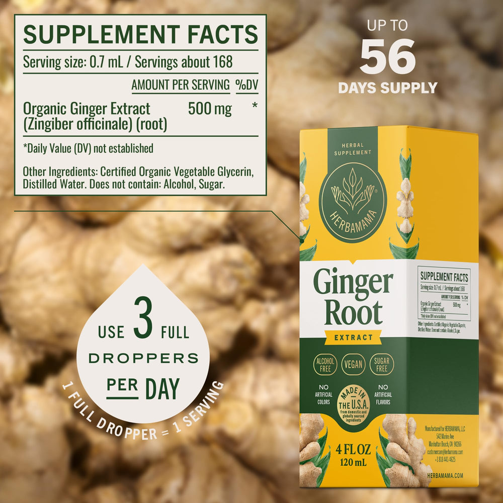 HERBAMAMA Ginger Drops featuring ginger root source for natural digestion support.