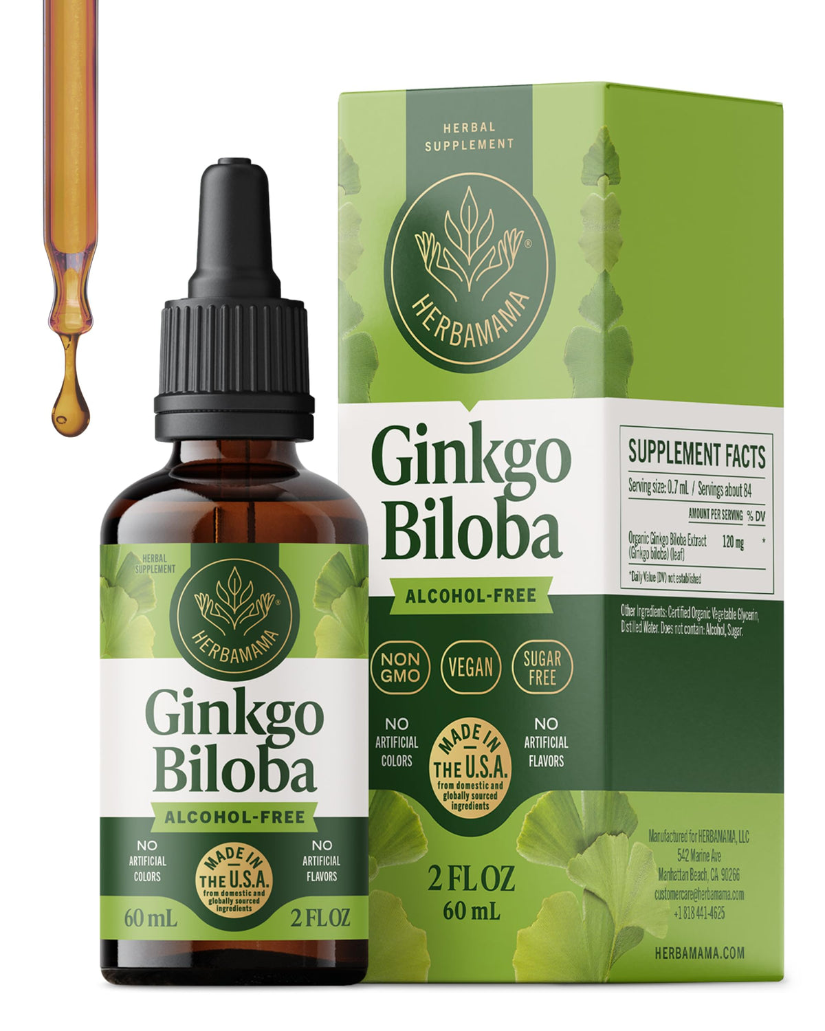 HERBAMAMA Ginkgo Biloba tincture bottle with dropper for focused brain support