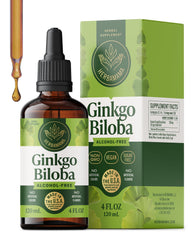 HERBAMAMA Ginkgo Biloba tincture bottle indicating brain support and vegan non GMO formula