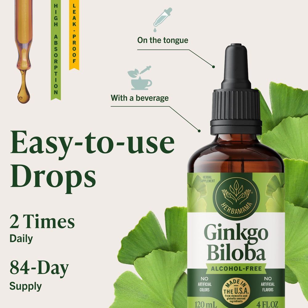 HERBAMAMA Ginkgo Biloba tincture dropper used in water or juice during daily routine