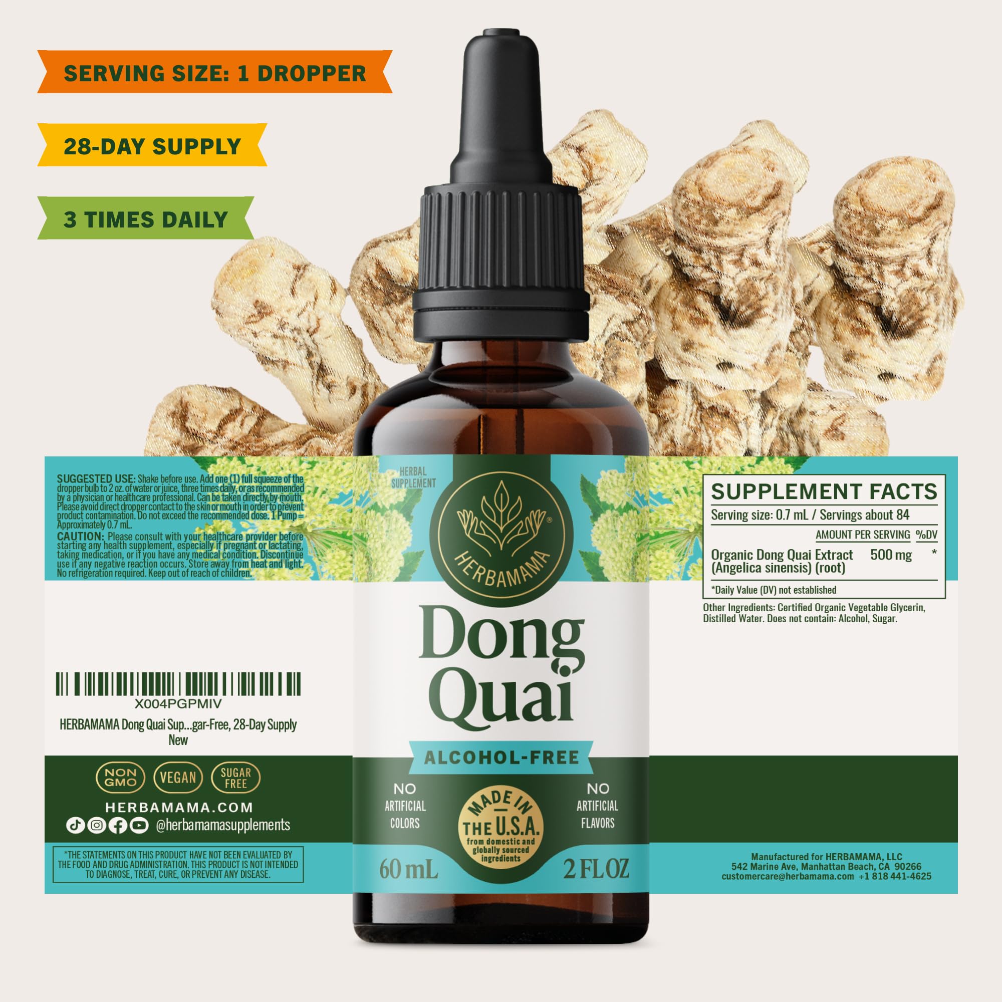 HERBAMAMA-glass-bottle-label-dong-quai emphasizes transparent vegan tincture.