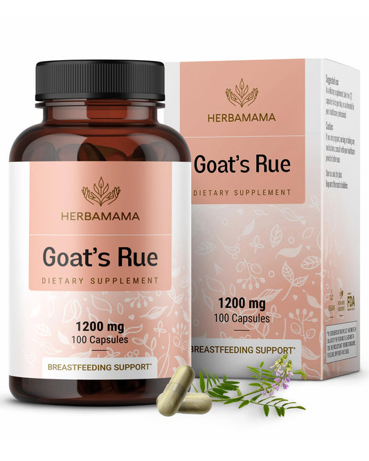 HERBAMAMA Goat's Rue Capsules bottle on counter for convenient lactation support.