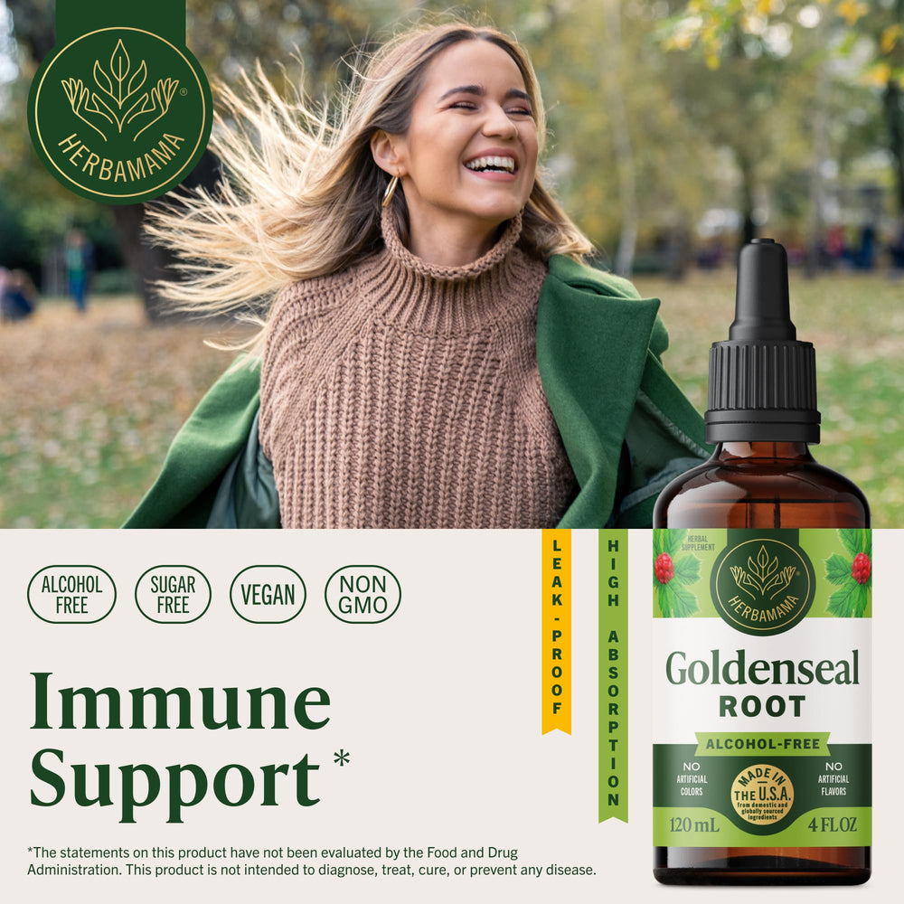Herbamama Goldenseal bottle closeup label, simple three-ingredient formula.