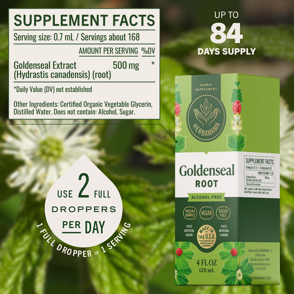 Herbamama Goldenseal dropper dispense, easy daily dosing.