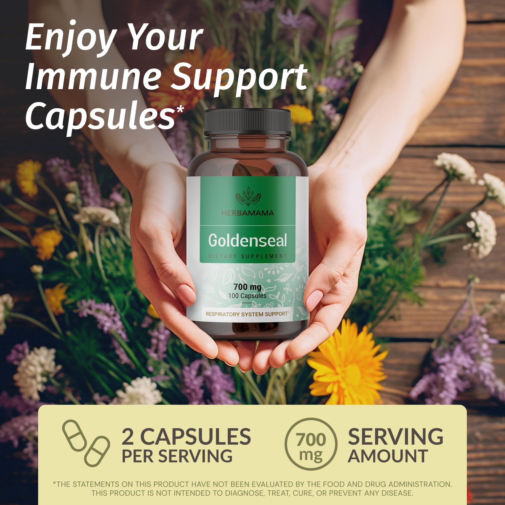Closeup of HERBAMAMA Goldenseal Root Capsules ready for daily use