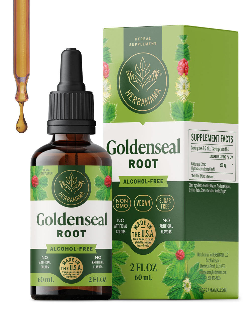Herbamama Goldenseal tincture bottle on a shelf highlighting vegan, alcohol-free support