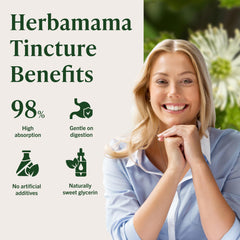 Herbamama Goldenseal tincture label detail, alcohol-free and non-GMO.