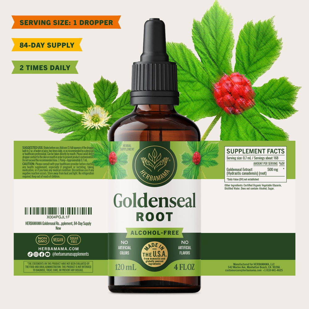 Herbamama Goldenseal tincture under tongue use, quick application.