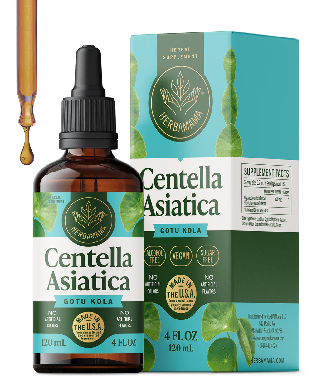 HERBAMAMA Gotu Kola tincture bottle showing a clean vegan formula for focus support.