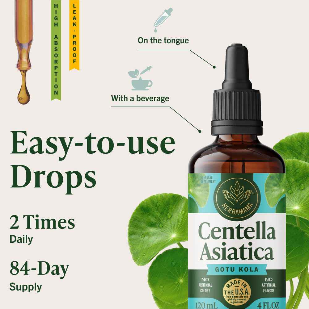 HERBAMAMA Gotu Kola tincture in a glass bottle ready for easy use.