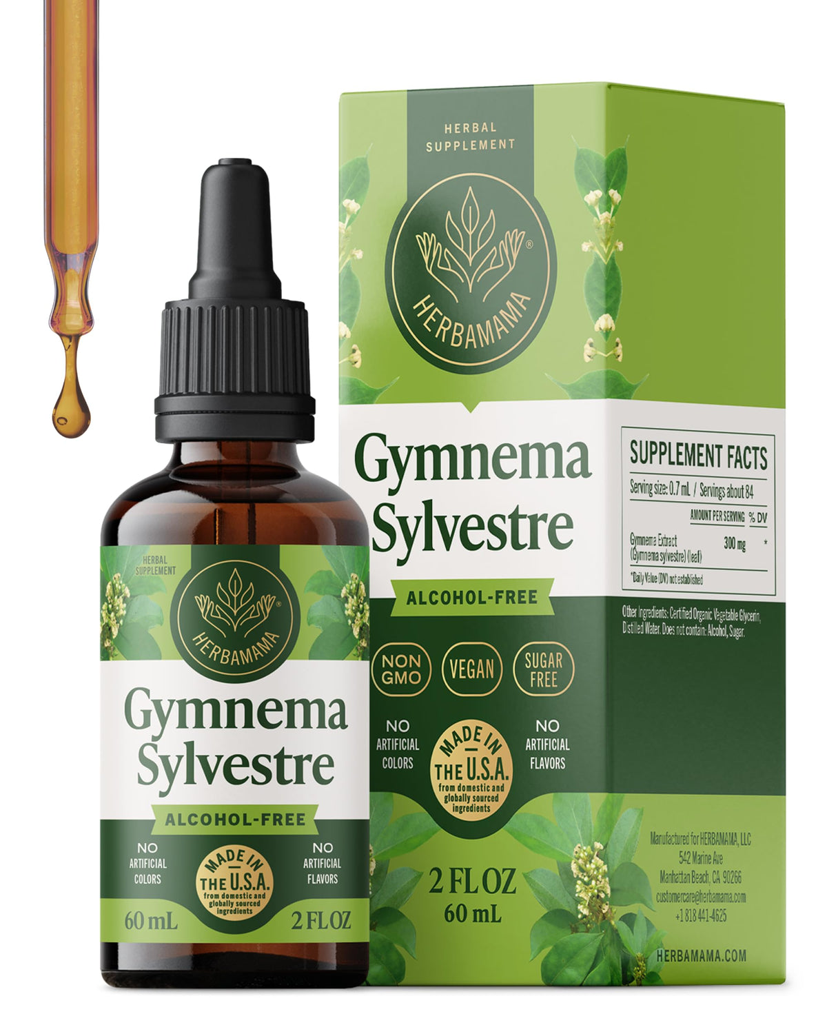 HERBAMAMA Gymnema Drops bottle shown with vegan, sugar-free formula for daily wellness.