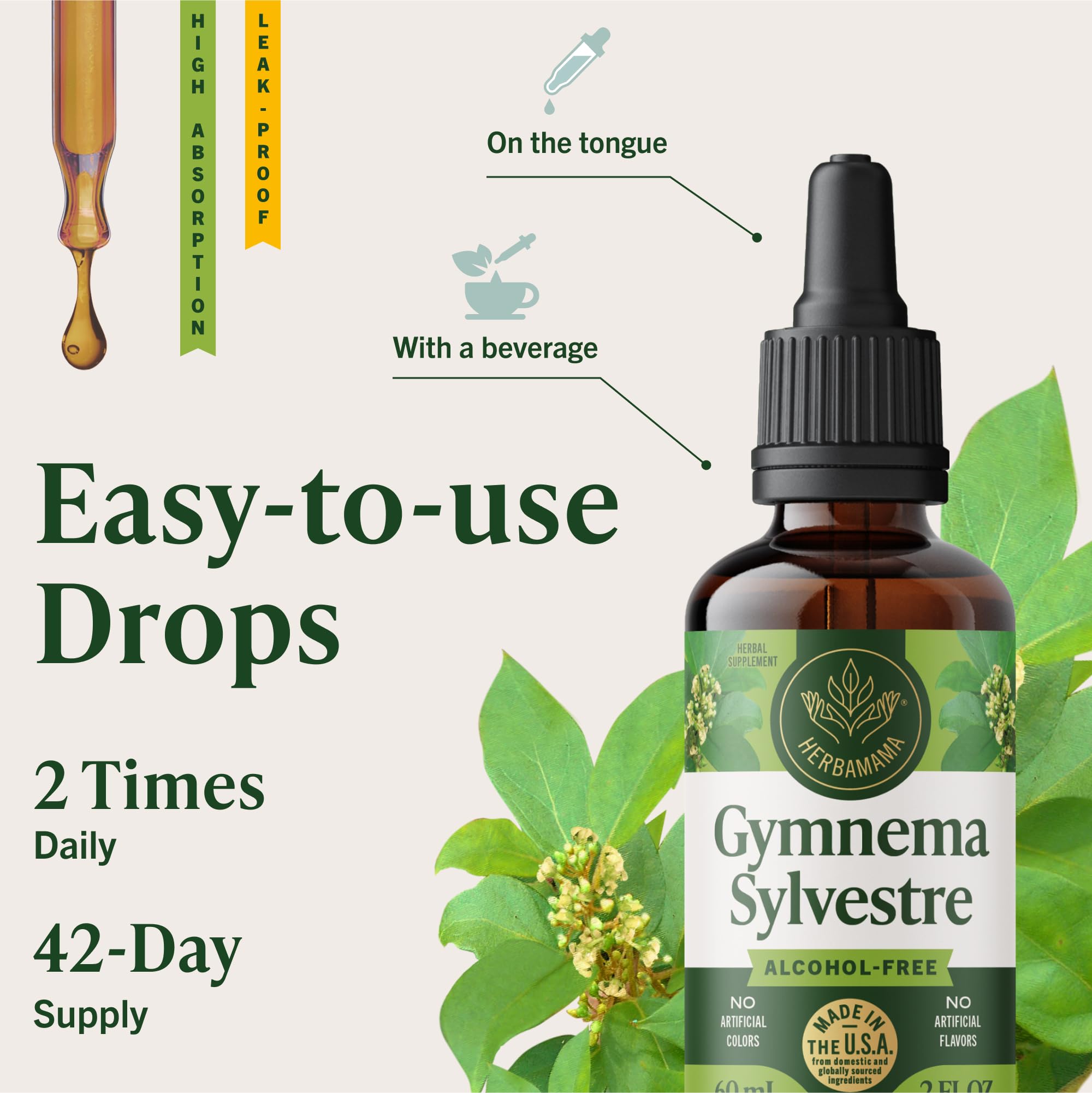 HERBAMAMA Gymnema Drops ingredients list: Gymnema sylvestre, glycerin, distilled water.
