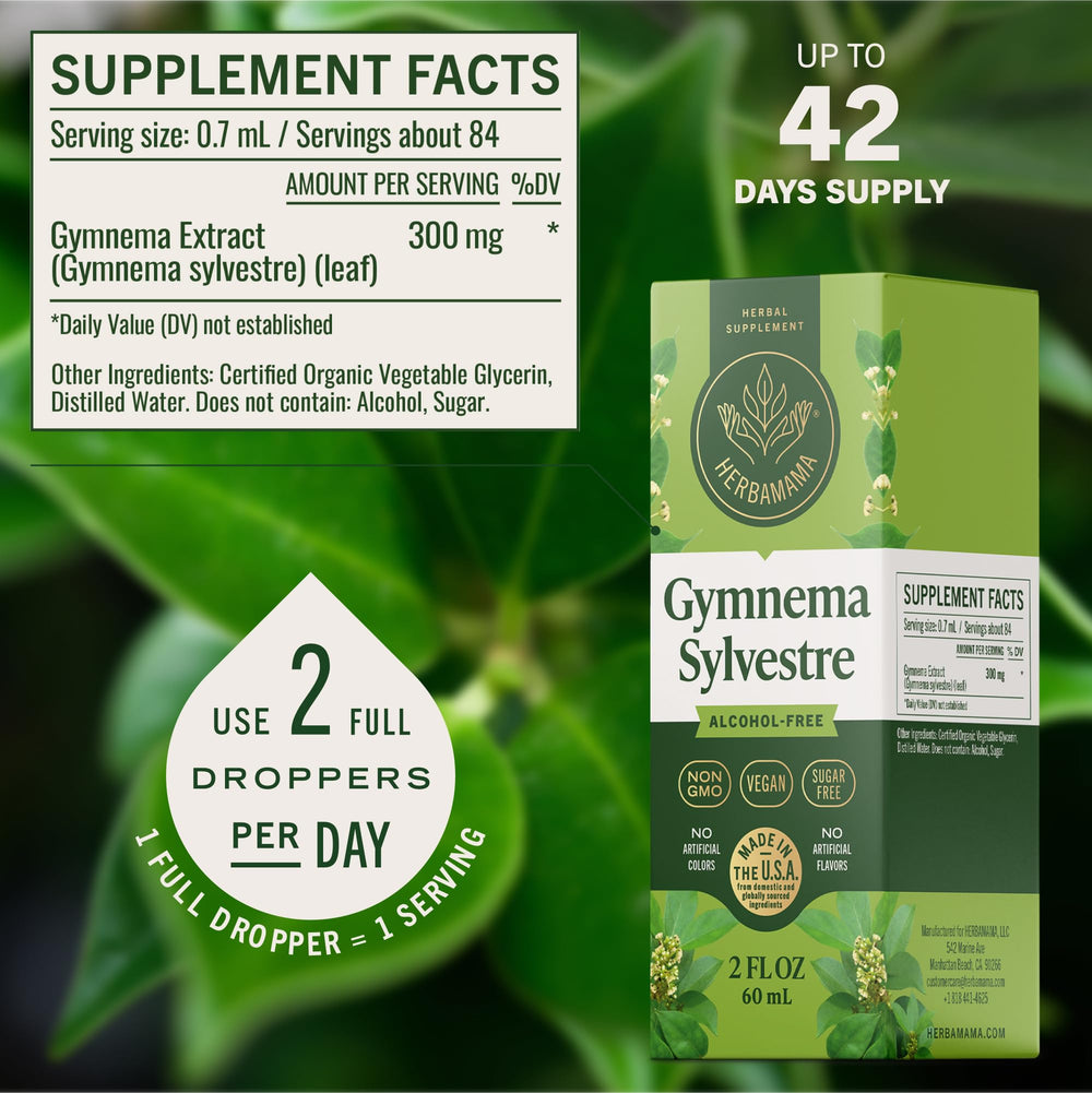 HERBAMAMA Gymnema Drops label highlights a clean, three-ingredient vegan blend.