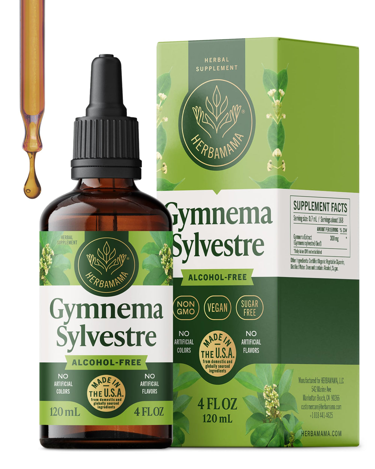 HERBAMAMA Gymnema Sylvestre Drops bottle displaying vegan, alcohol-free formula.