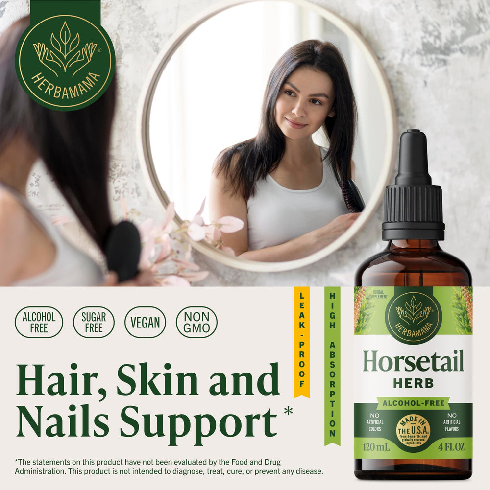 HERBAMAMA Horsetail Drops being poured into a glass for quick absorption during busy mornings.