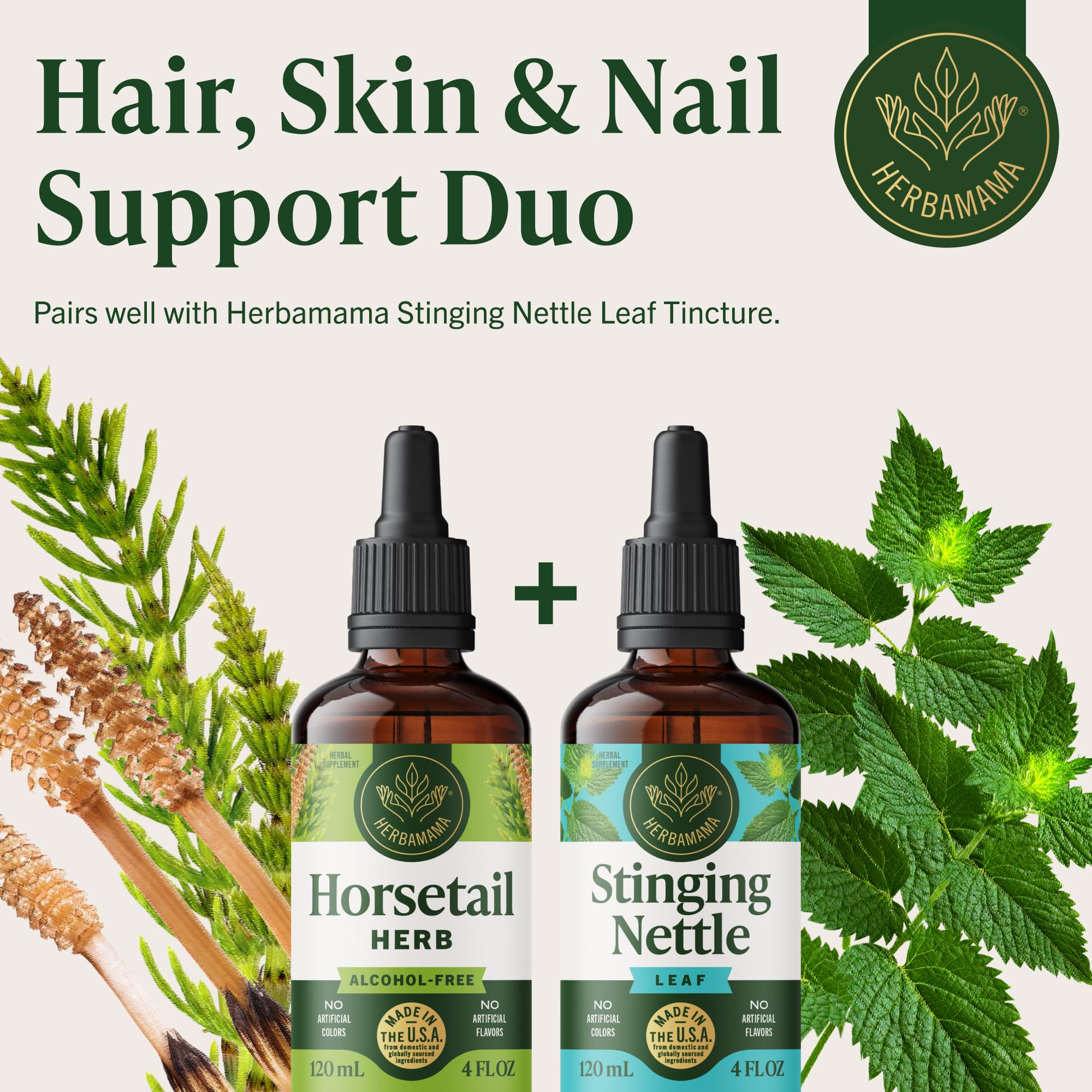 HERBAMAMA Horsetail Drops vegan formula without alcohol or sugar.