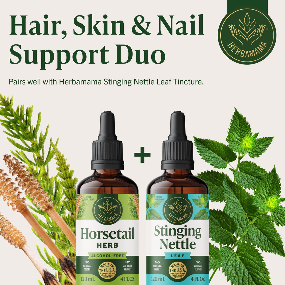 HERBAMAMA Horsetail Drops vegan formula without alcohol or sugar.