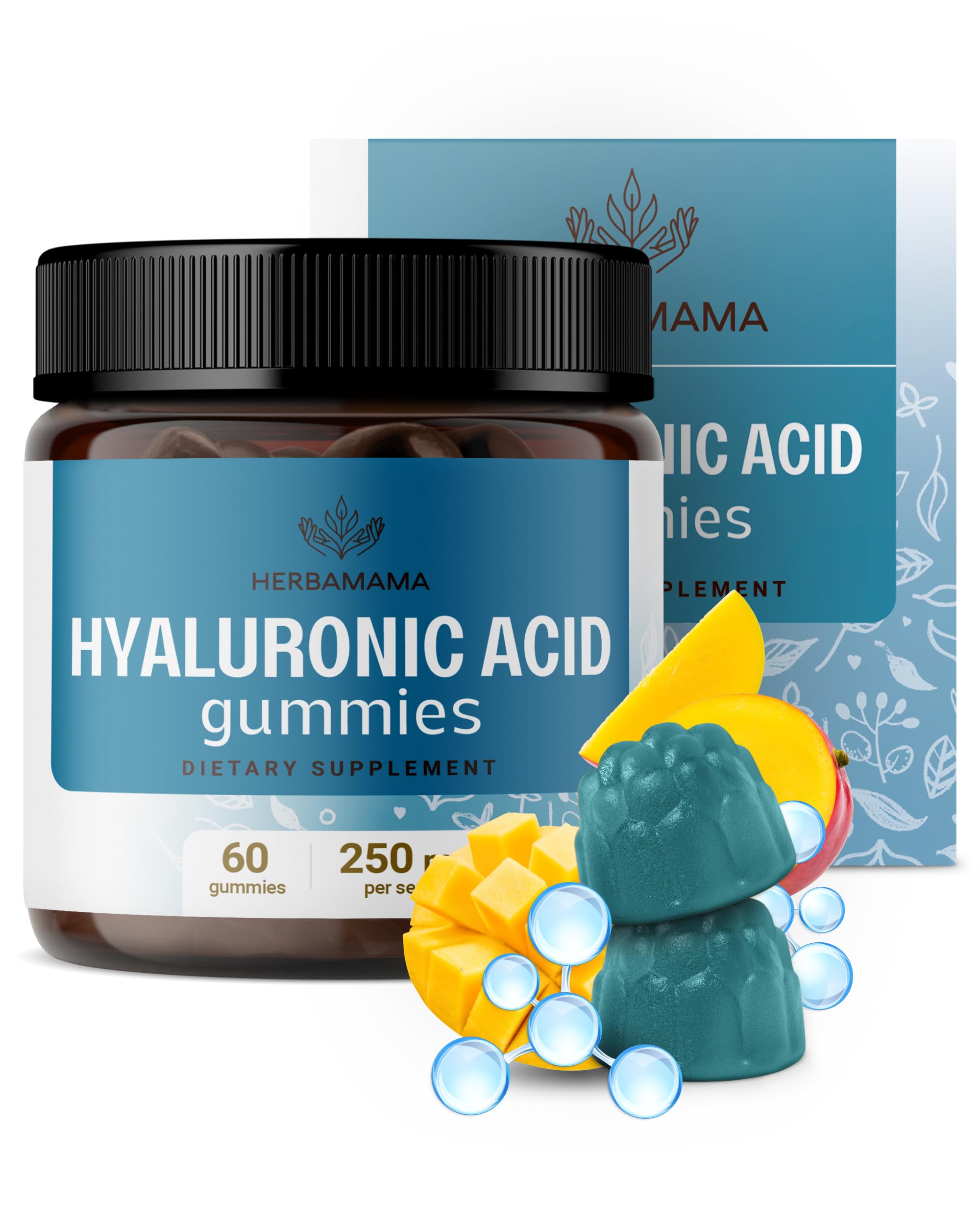 HERBAMAMA Hyaluronic Acid Gummies bottle for convenient daily skin hydration.
