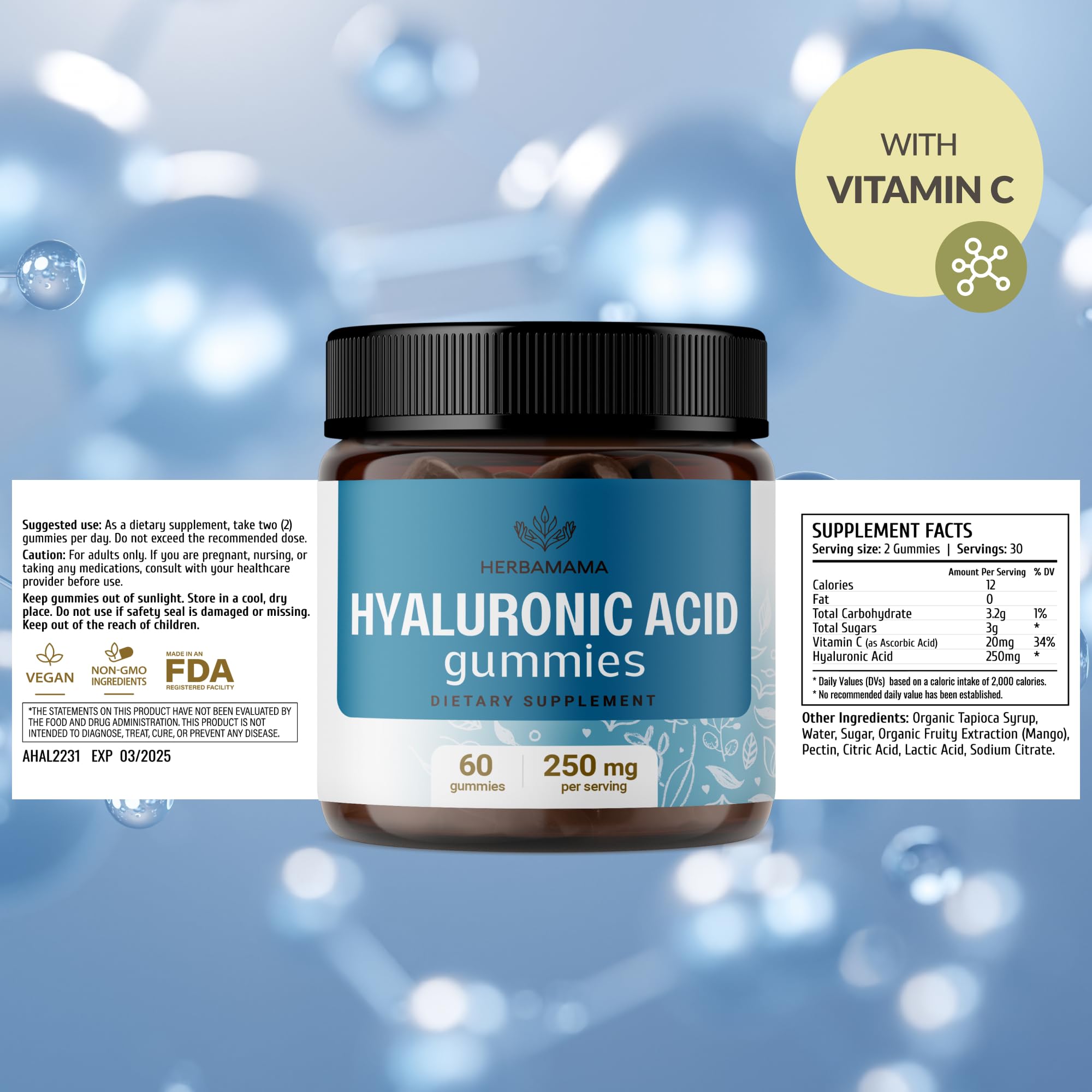 Daily dose of two HYAL gummies with Vitamin C for easy routine.