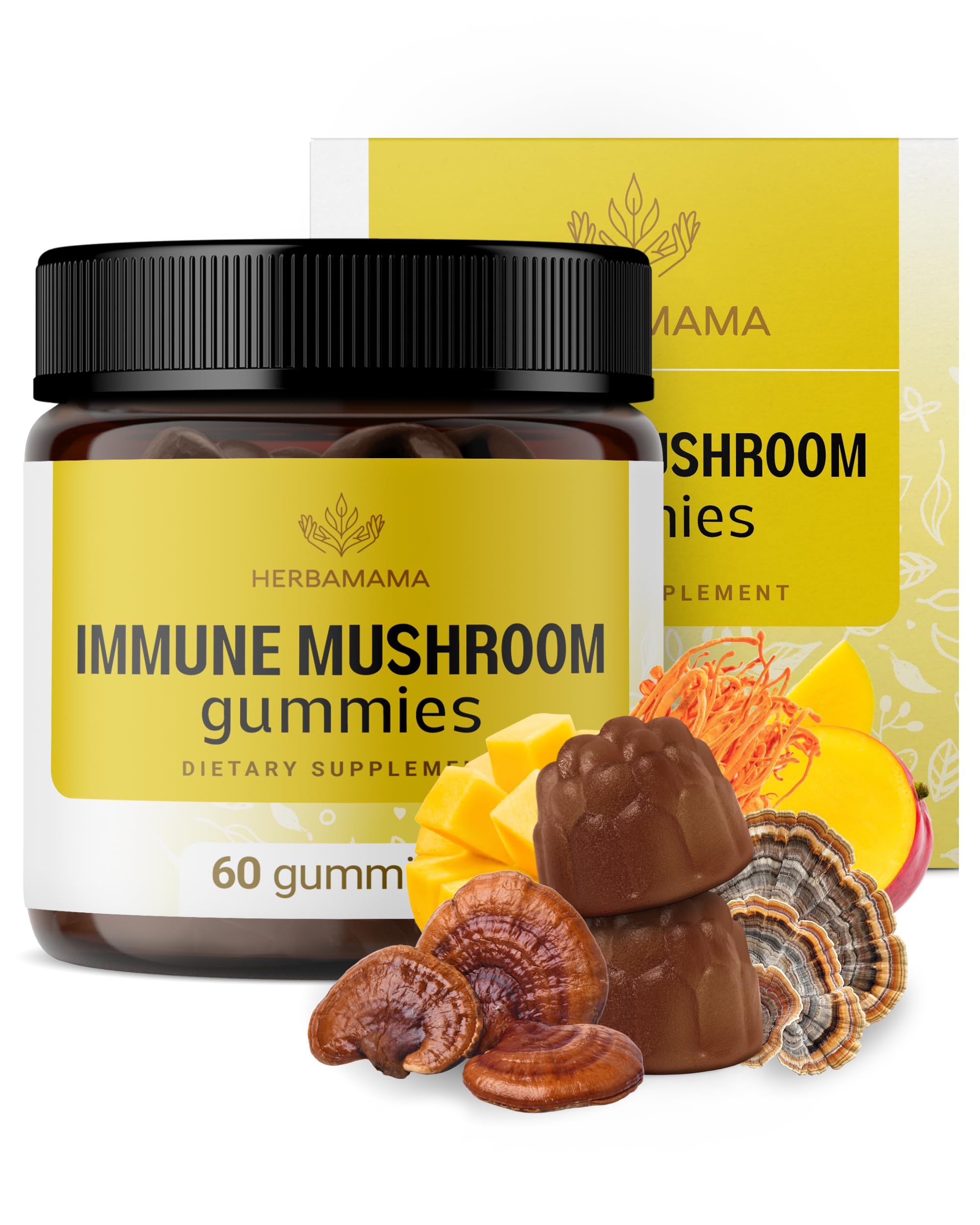 HERBAMAMA Immune Support Mushroom Gummies bottle close-up for daily immune support.