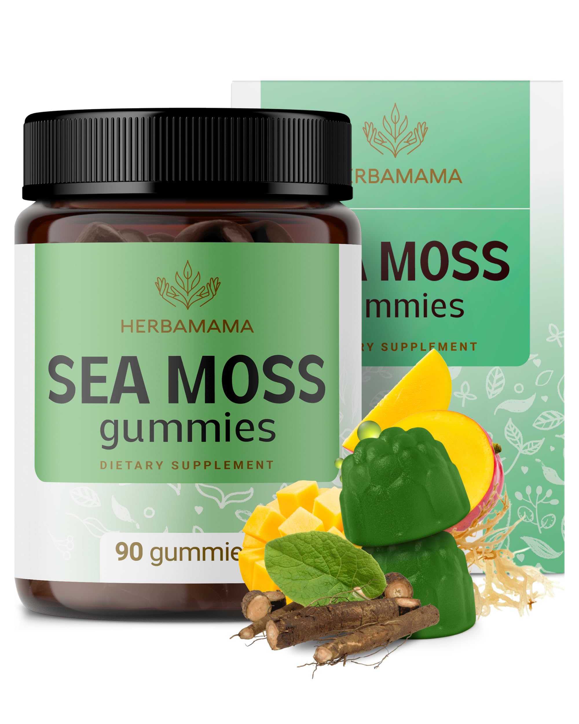 HERBAMAMA Irish Sea Moss Gummies bottle with convenient bite-sized chews for daily energy.