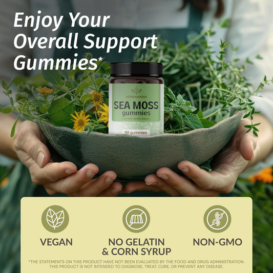 HERBAMAMA Irish Sea Moss Gummies mango flavor highlights fruity on-the-go taste.