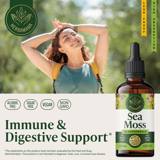 HERBAMAMA Irish Sea Moss drops poured into water for easy mixing.