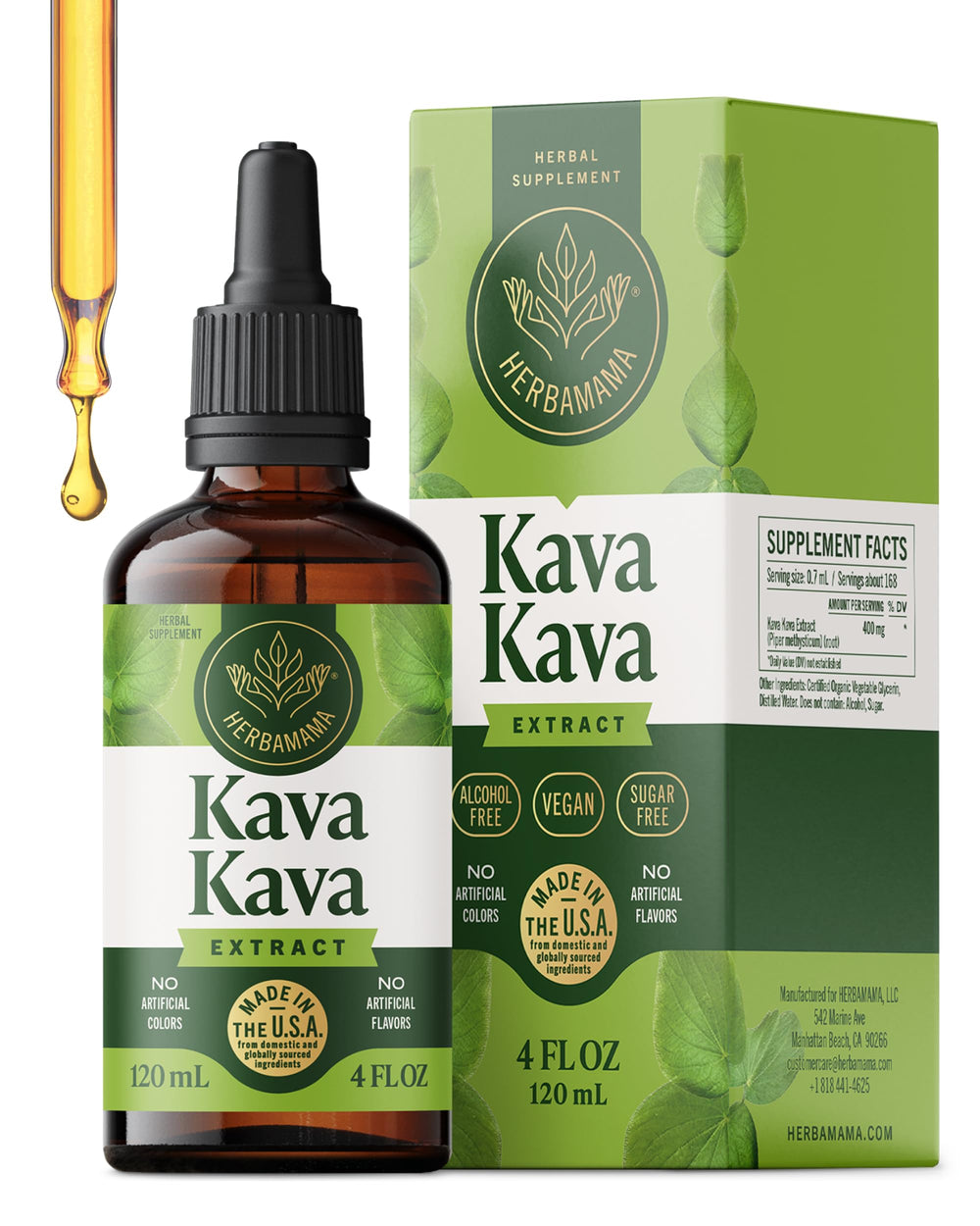 Herbamama Kava Kava tincture bottle on wood shelf for calm support.