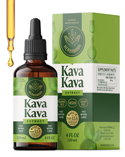 Herbamama Kava Kava tincture bottle on wood shelf for calm support.