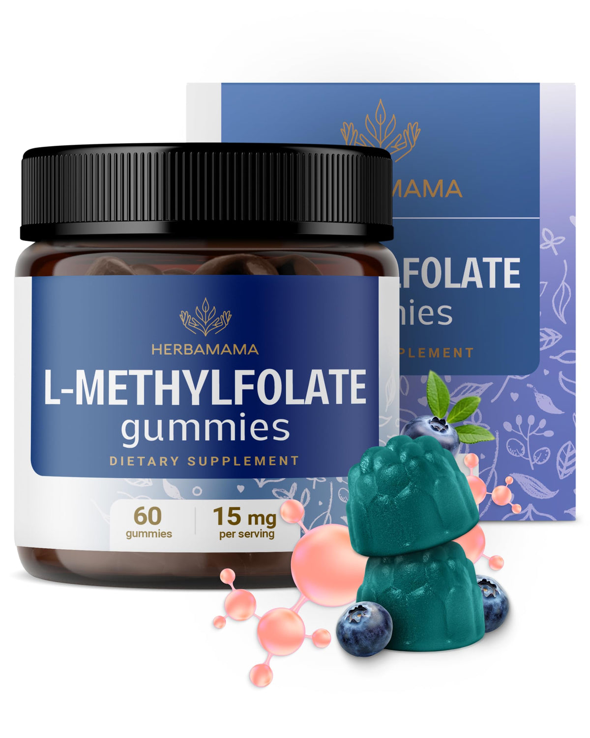 Herbamama L-Methylfolate gummies blueberry flavor for daily calm support.