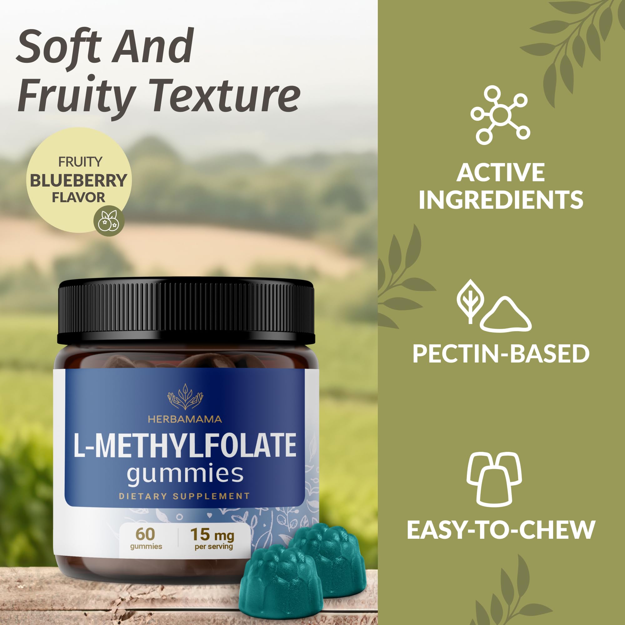 Herbamama L-Methylfolate gummies tapioca coating resists sticking.
