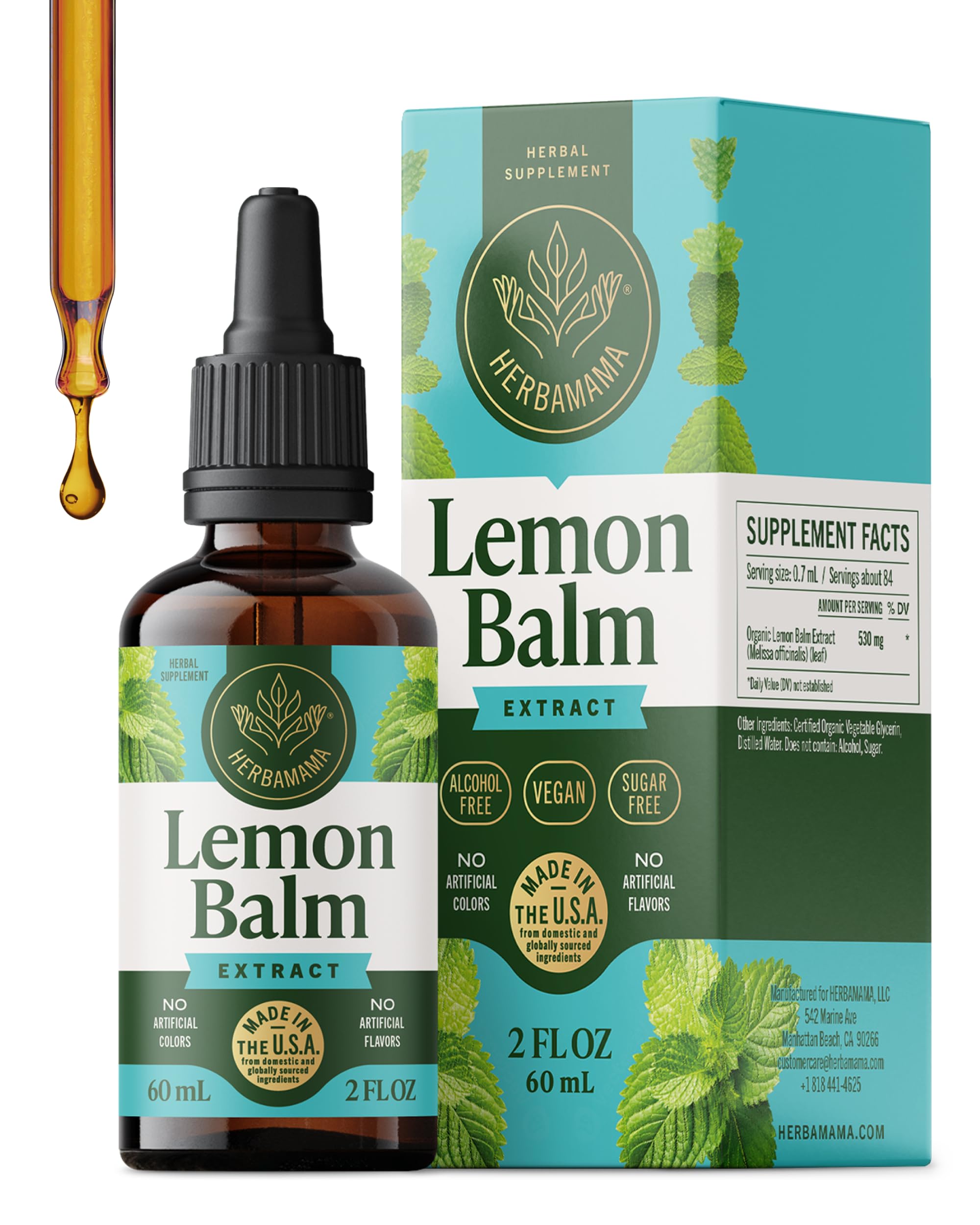 HERBAMAMA Lemon Balm tincture bottle highlights vegan and sugar free calm support