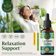HERBAMAMA Lemon Balm tincture dropper shows convenient dosing for quick use