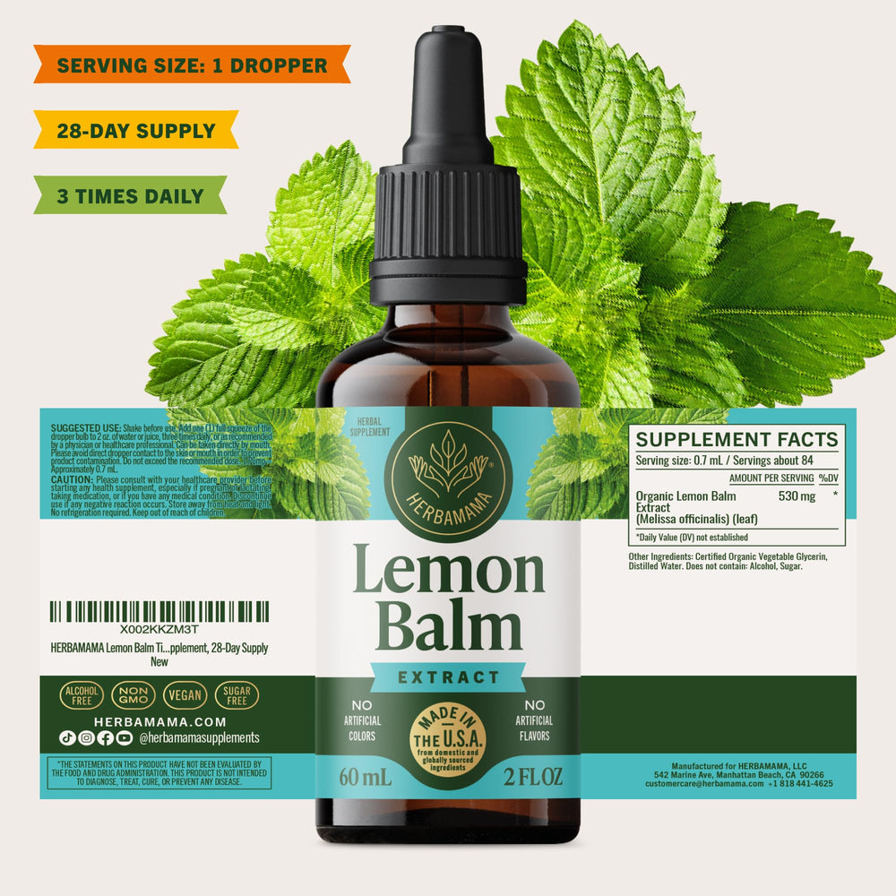 HERBAMAMA Lemon Balm tincture scene with glass and scent suggesting relaxation
