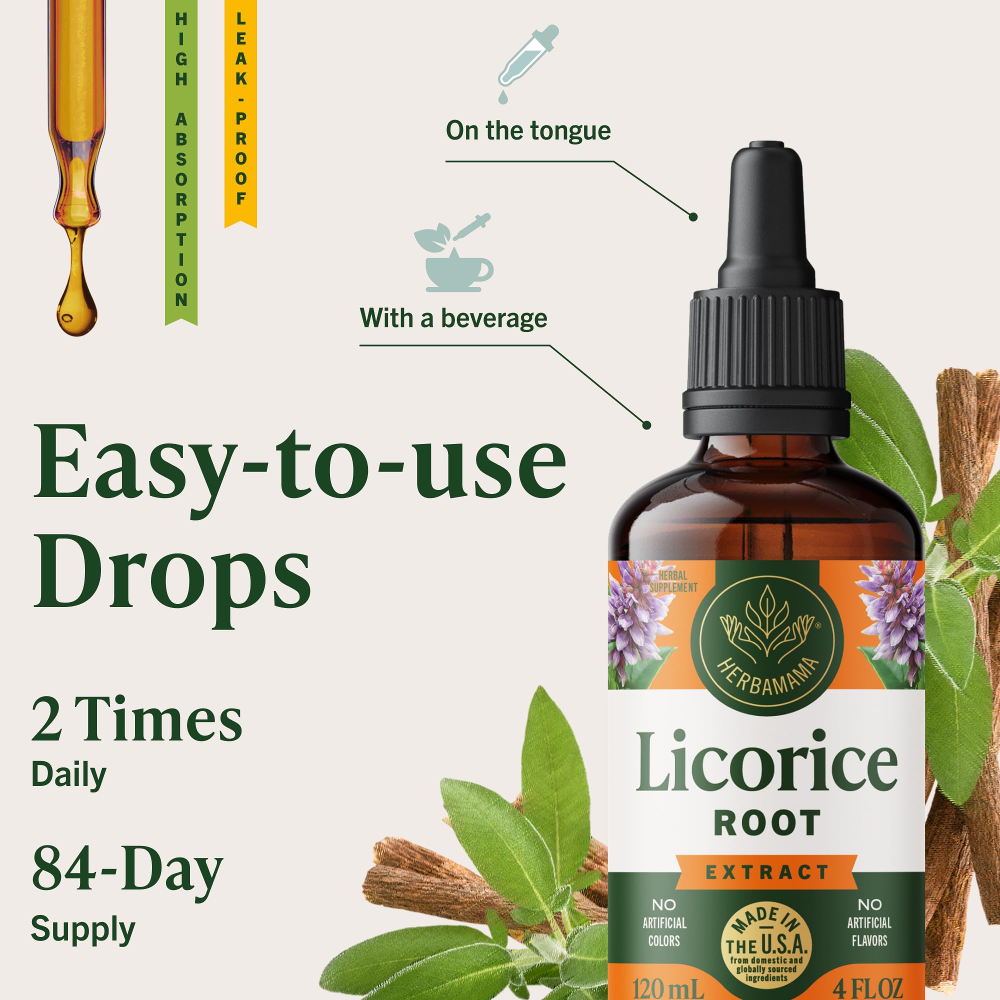HERBAMAMA licorice root drops closeup emphasizes natural extract and non GMO promise