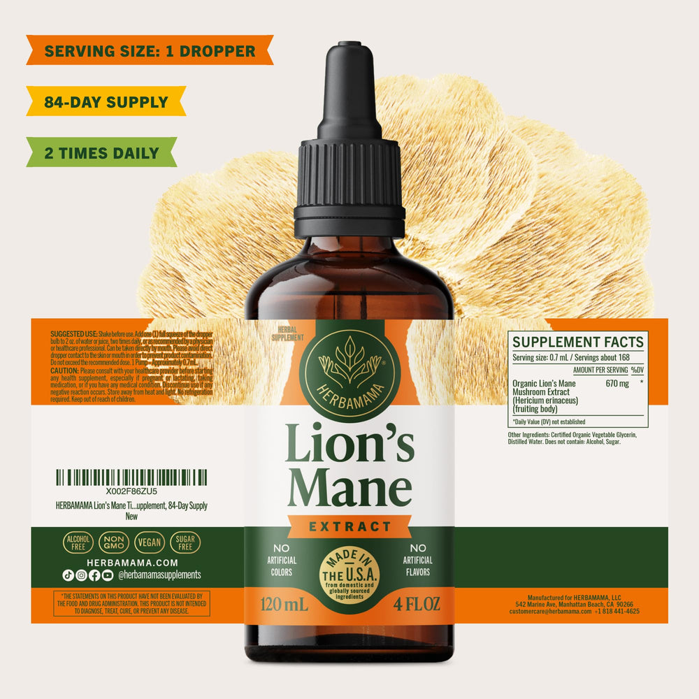 HERBAMAMA Lions Mane 84-day supply packaging indicating long-term use