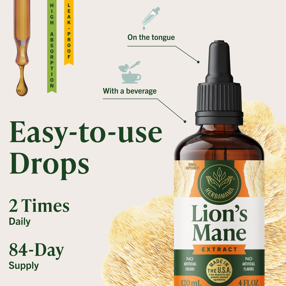 HERBAMAMA Lions Mane glass with tincture illustrating fast absorption
