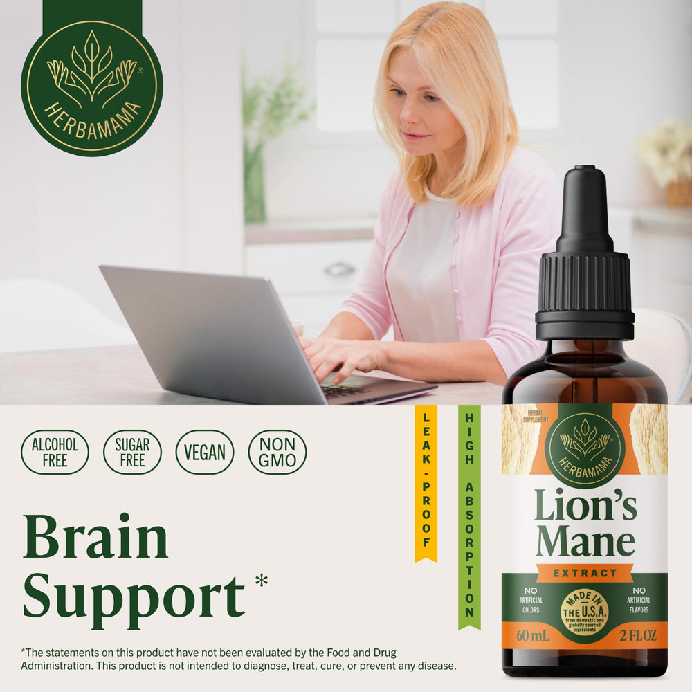 Herbamama Lions Mane tincture dropper for precise, fast dosing.