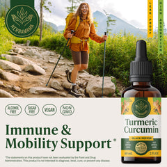 HERBAMAMA Turmeric Drops dropper close-up highlighting fast absorption with black pepper.