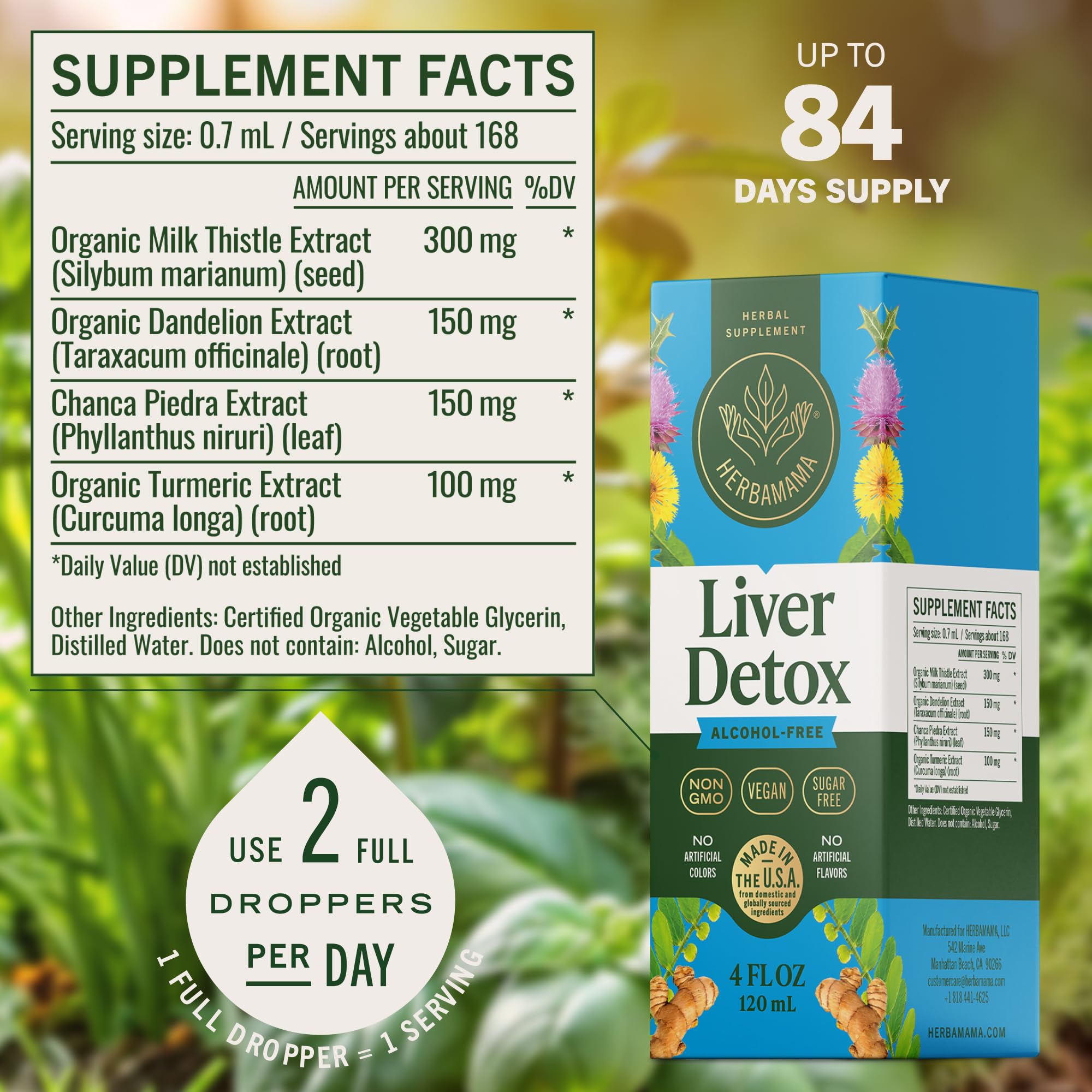 HERBAMAMA Liver Detox Drops label closeup with ingredient details.
