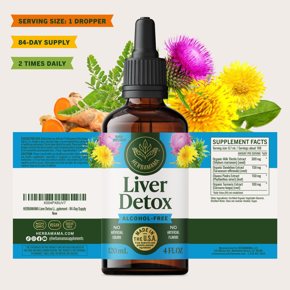 HERBAMAMA Liver Detox Drops usage directions on package for easy prepping.