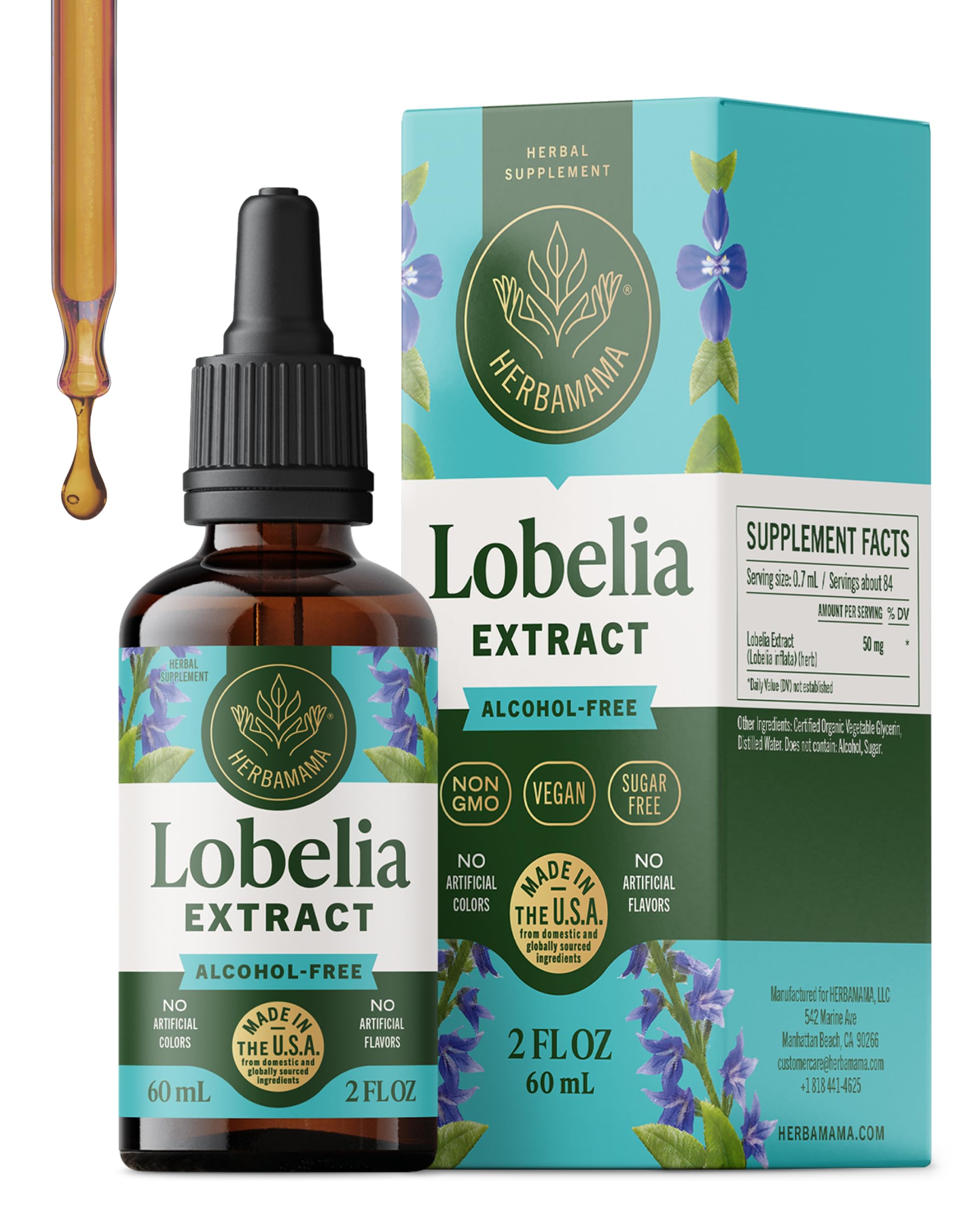 HERBAMAMA Lobelia tincture bottle highlights vegan, alcohol-free respiratory support.