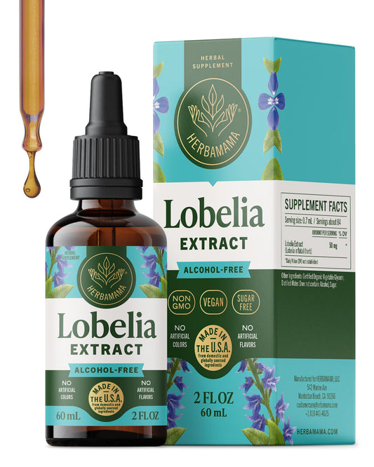 HERBAMAMA Lobelia tincture bottle highlights vegan, alcohol-free respiratory support.