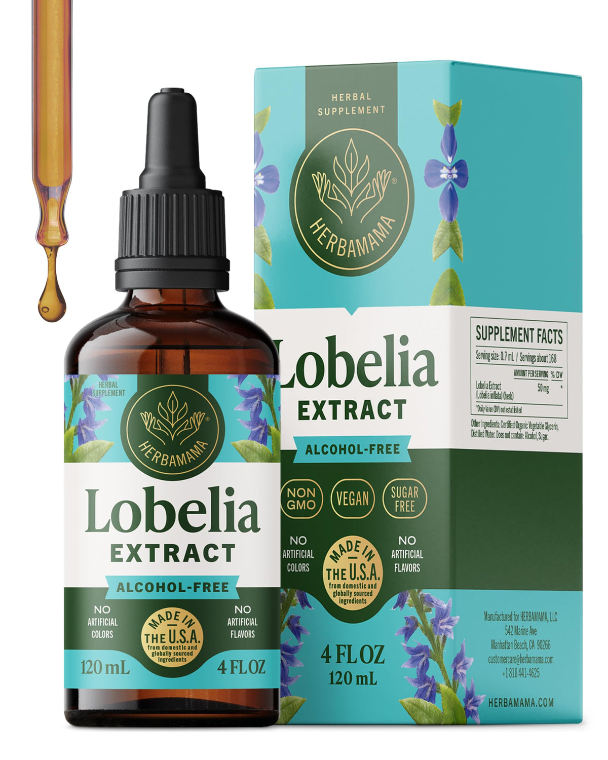 Herbamama Lobelia tincture bottle for vegan, alcohol-free lung support and easy dosing.