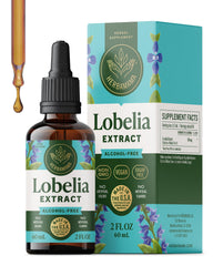 HERBAMAMA Lobelia tincture bottle highlights vegan, alcohol-free respiratory support.