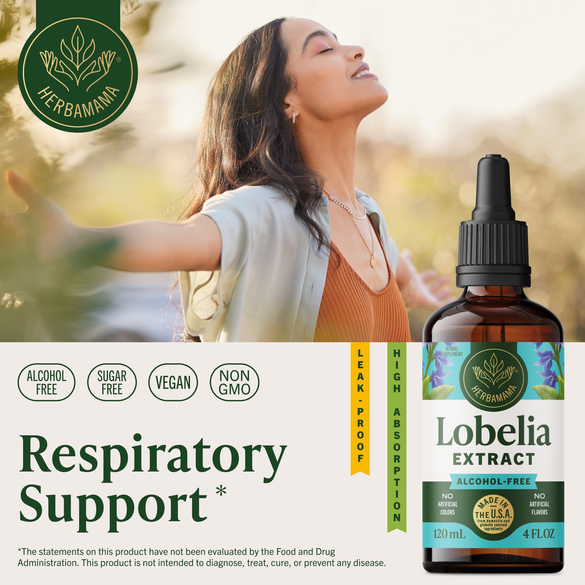 Herbamama Lobelia tincture dropper shown for easy daily use.