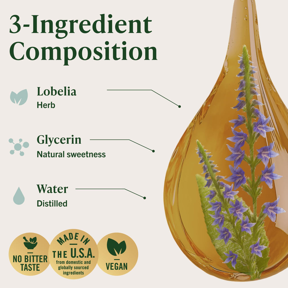 HERBAMAMA Lobelia tincture glycerin ingredient panel shows three-ingredient formula.