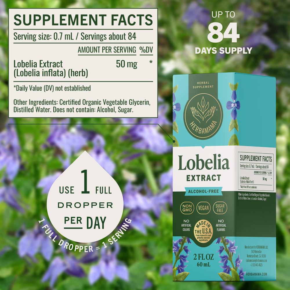 HERBAMAMA Lobelia tincture label reveals vegan ingredients and glycerin base.