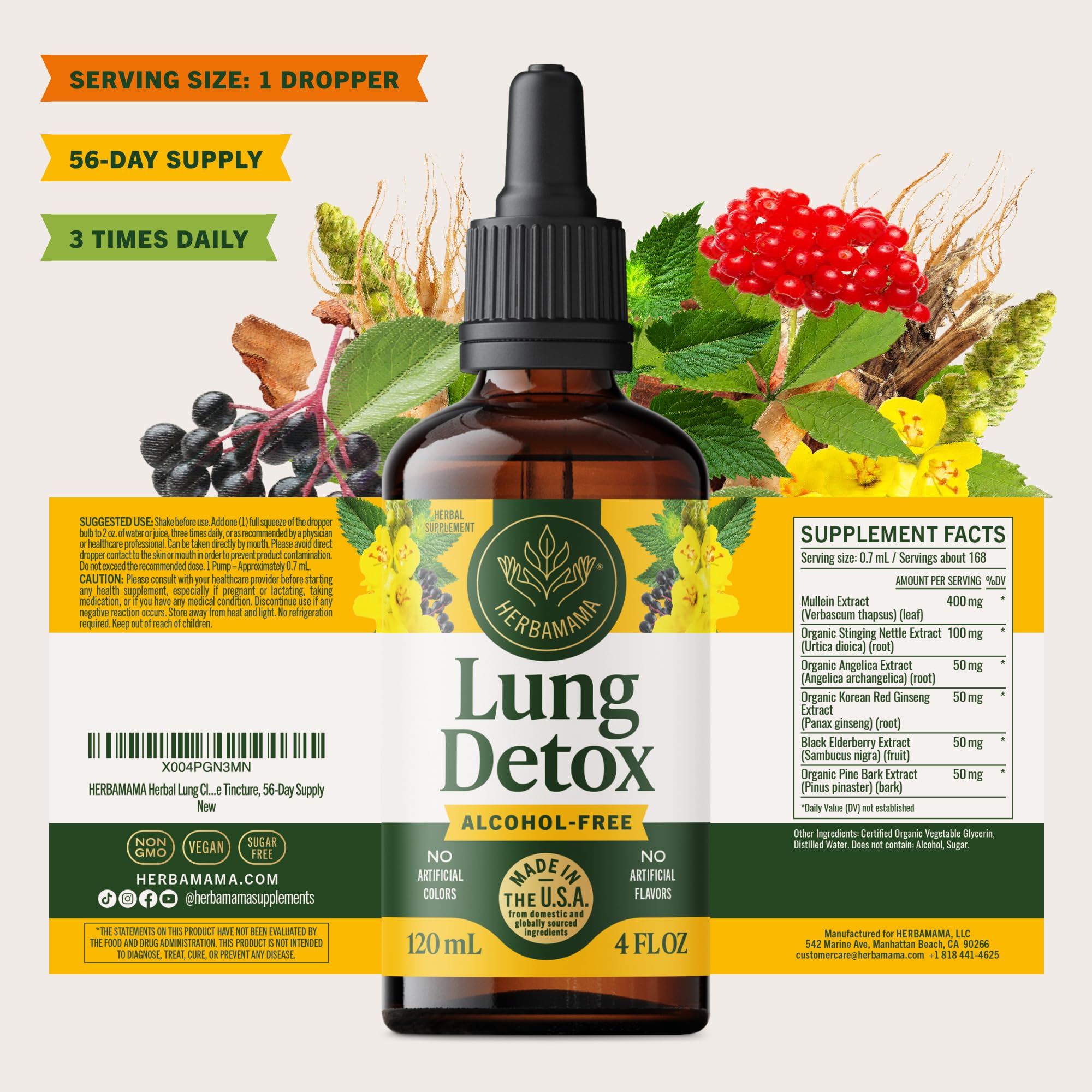 Bottle label shows 56-day supply of HERBAMAMA Lung Cleanse Drops.